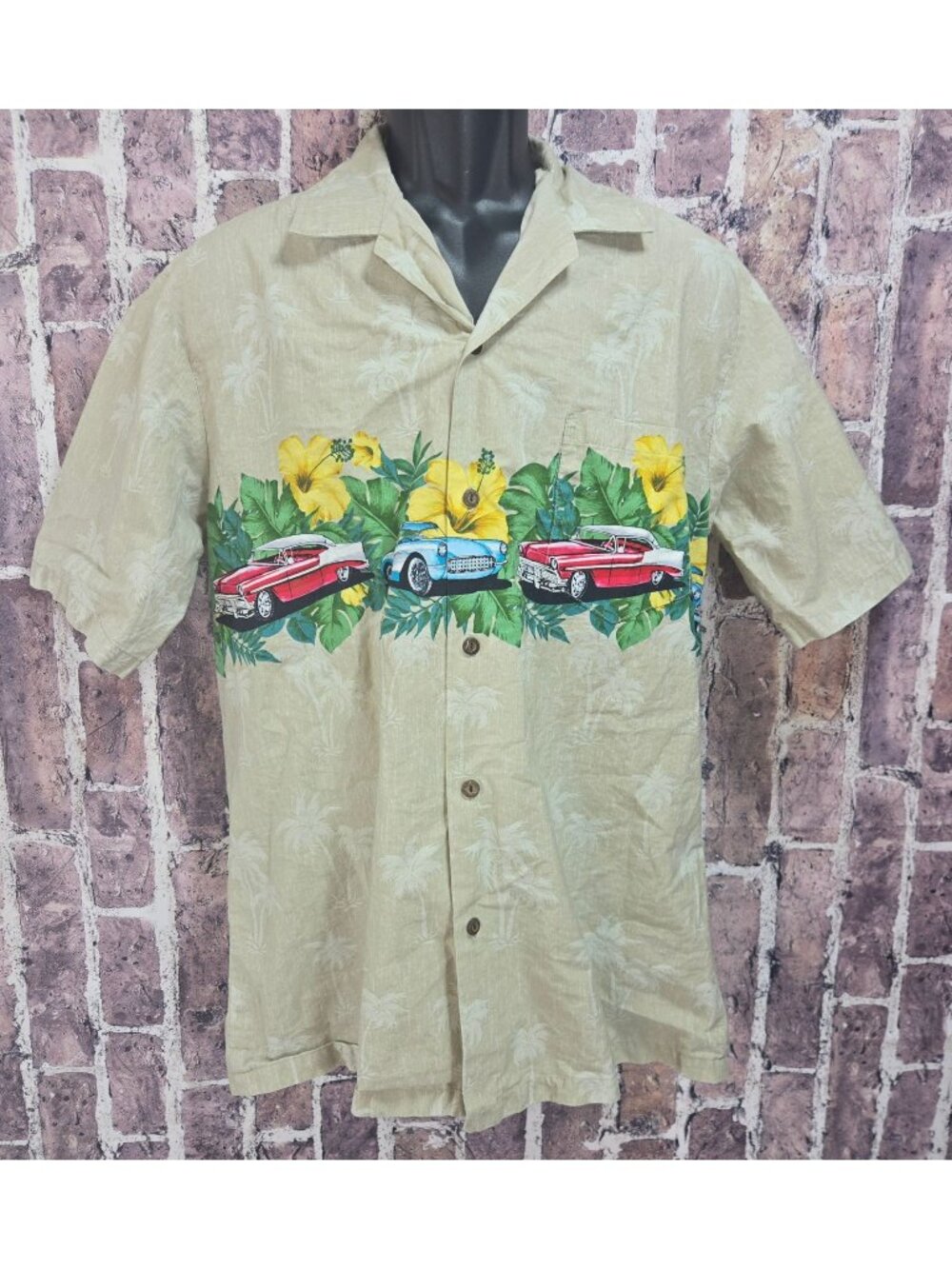 Pacific Legend Mens Hawaiian Shirt Medium Beige Palm Trees Classic Cars